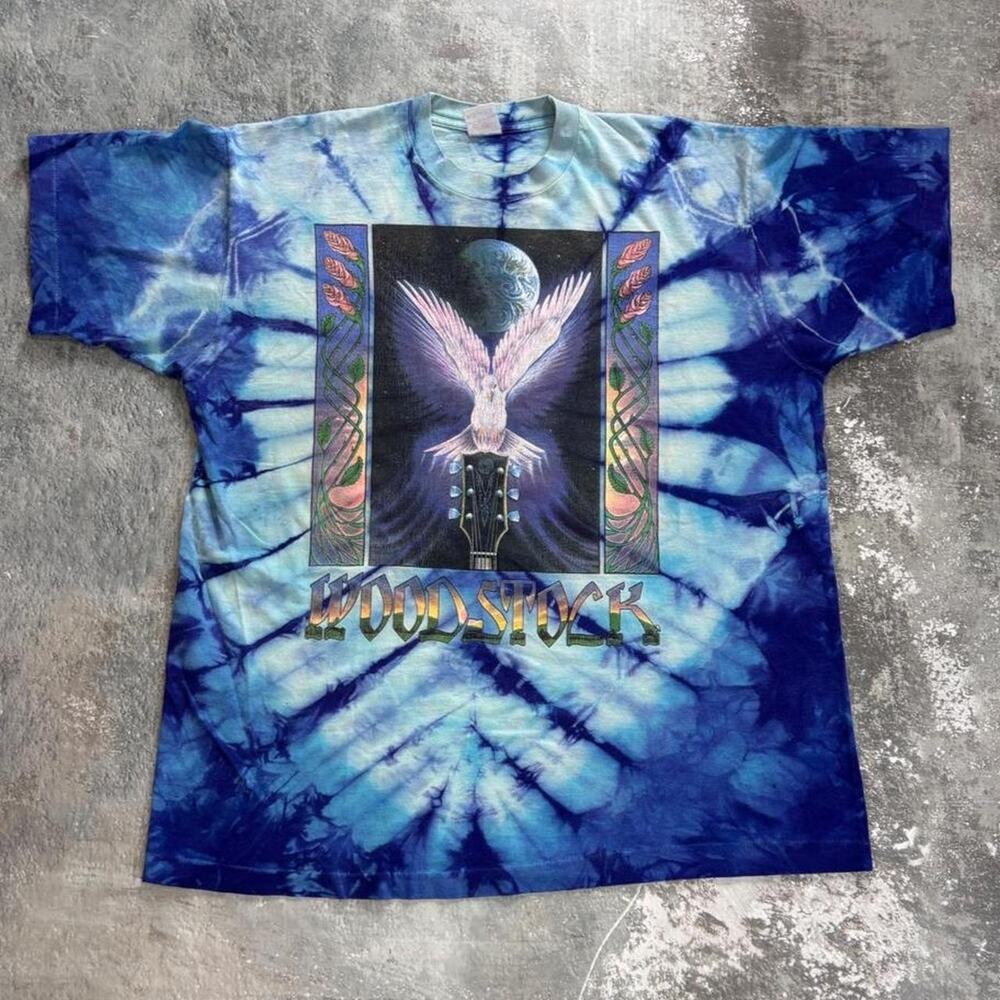 Vintage 90s Woodstock Tie Dye T Shirt! Mikio Kennedy Dove Guitar. XL